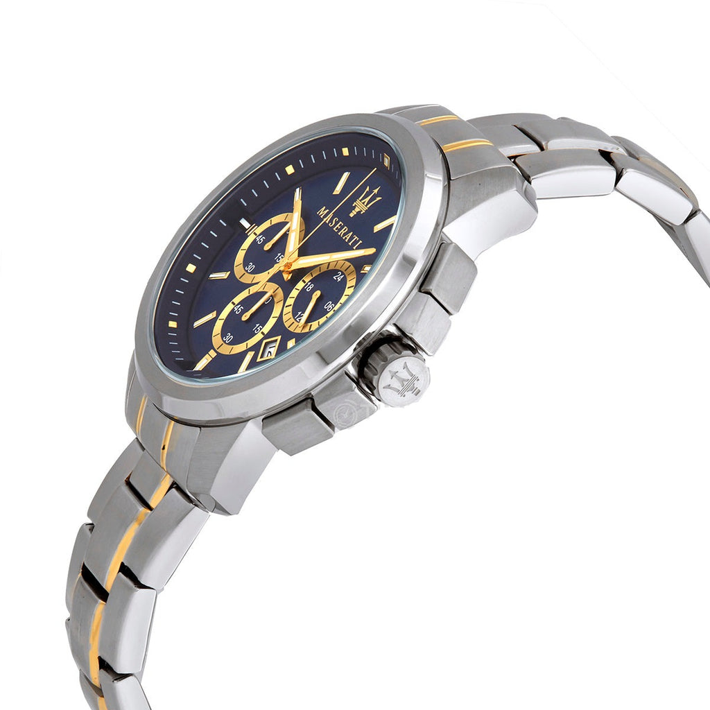 Side profile of Maserati Successo R8873621016 men's quartz battery watch showing 11.5mm thickness and gold finish
