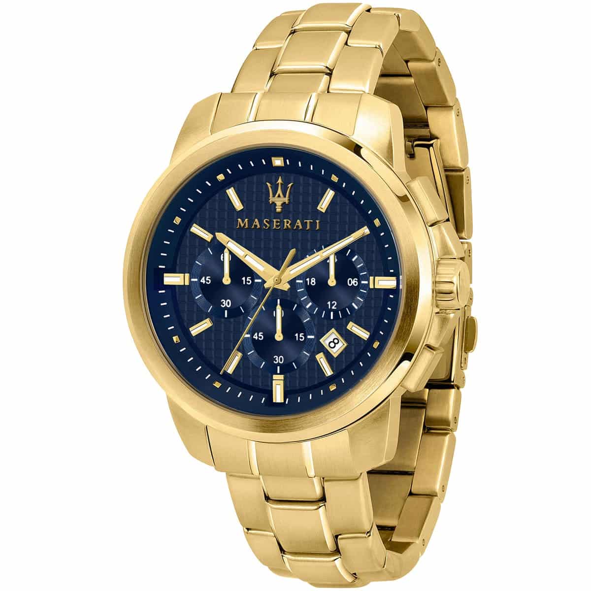 Maserati Successo R8873621021 men's watch with gold-tone case, blue textured dial, and gold link bracelet