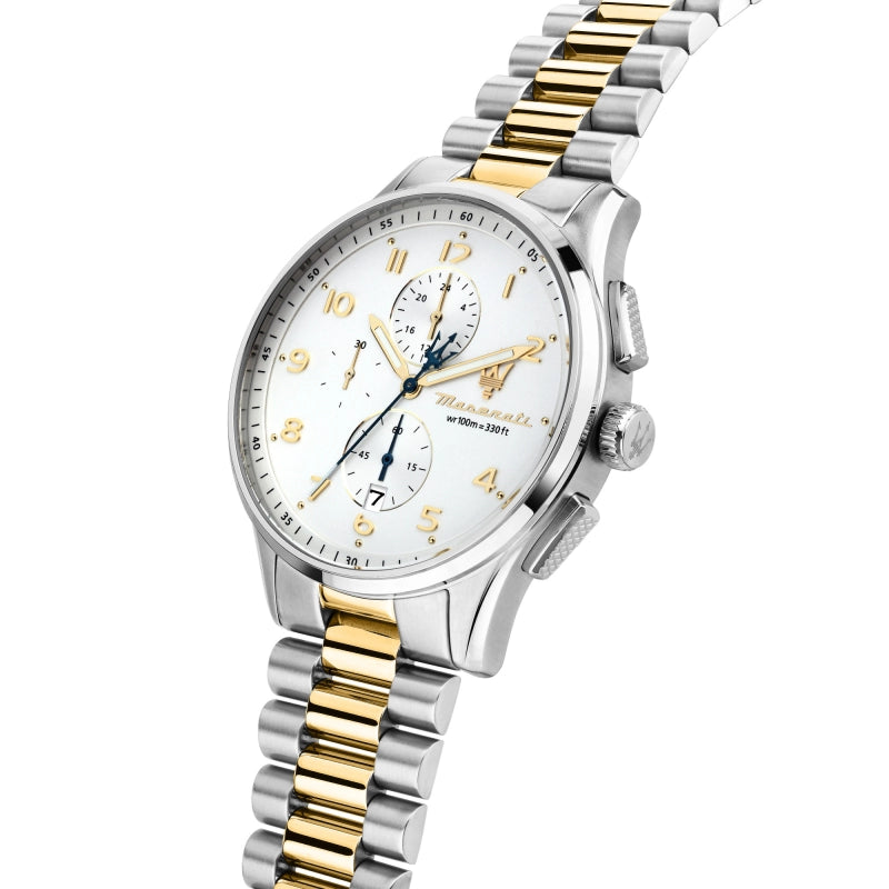 Right angled view of Maserati Sorpasso R8873624003 men's quartz battery watch highlighting gold-tone bezel and pushers details