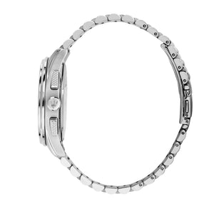 Detailed view of gold-tone crown and pushers on Maserati Sorpasso R8873624003 men's quartz battery watch with white dial