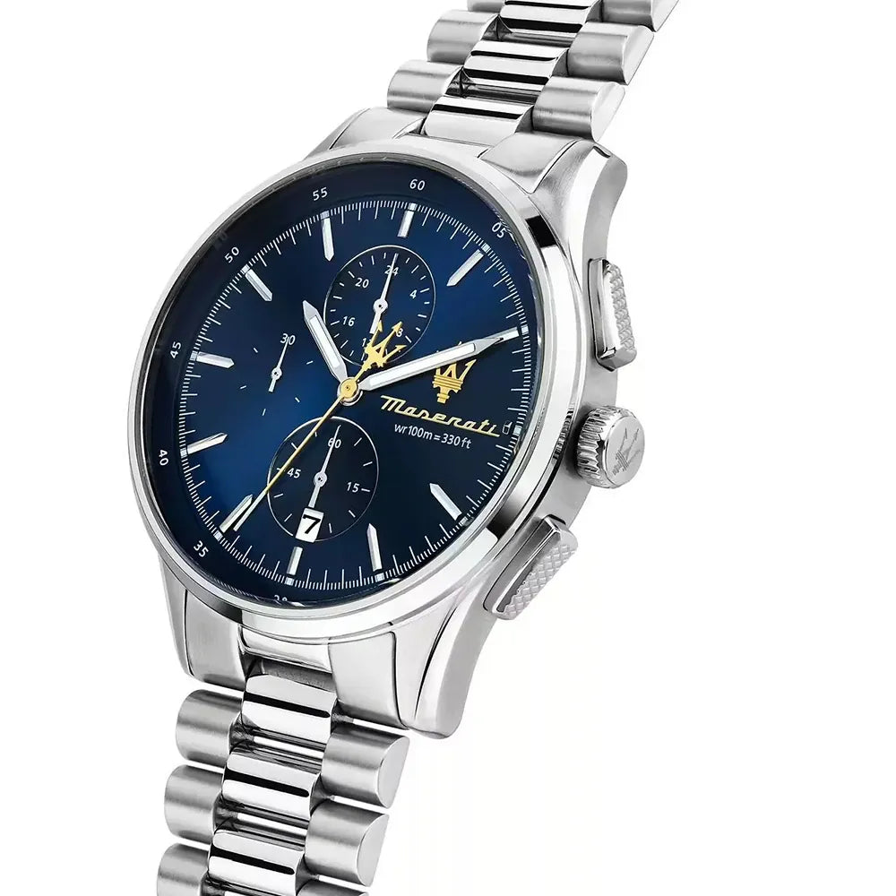 Right angled view of Maserati Sorpasso R8873624004 men's quartz battery watch highlighting silver finish and chronograph details