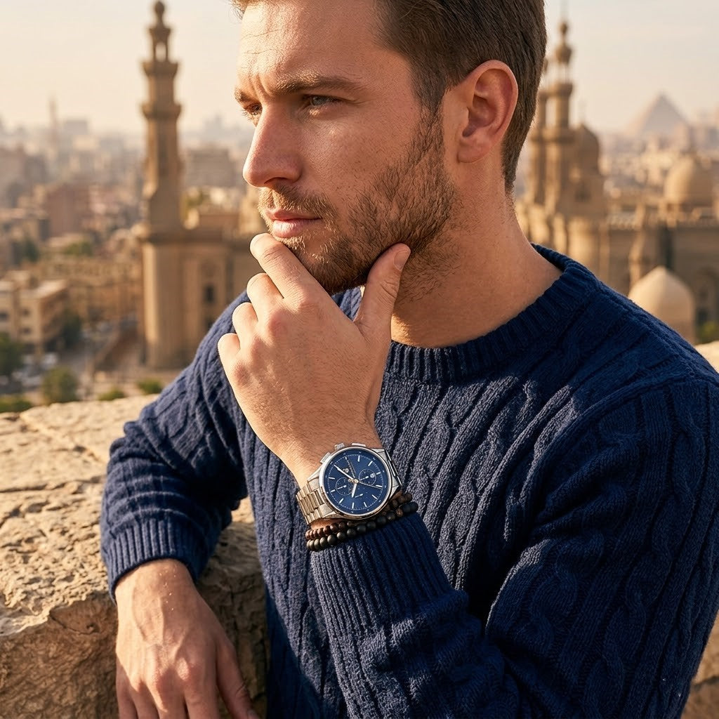 Elegant man wearing Maserati Sorpasso R8873624004 men's quartz battery watch with silver-tone case and luxury blue dial