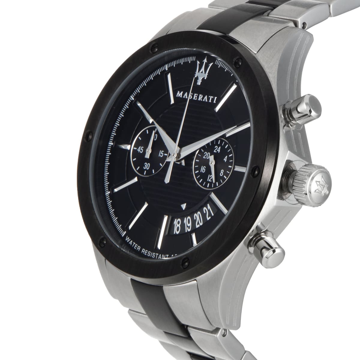 Right angled view of Maserati Circuito R8873627003 men's quartz battery watch highlighting technical bezel and black accents details