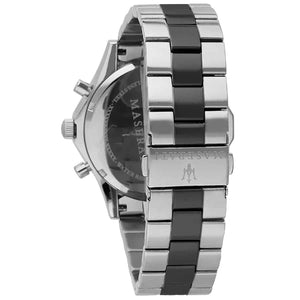 Caseback of Maserati Circuito R8873627003 men's quartz battery watch showing technical specs 100m water resistance and metal bracelet