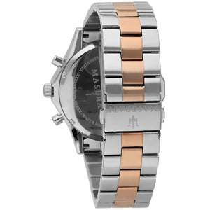 Caseback of Maserati Circuito R8873627004 men's quartz battery watch showing technical specs 100m water resistance and metal bracelet