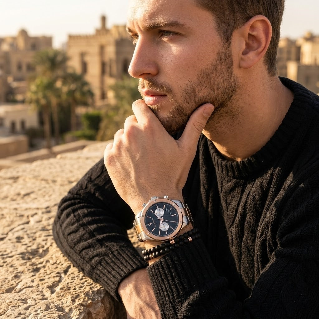 Elegant man wearing Maserati Circuito R8873627004 men's quartz battery watch with two-tone rose gold case and luxury black dial
