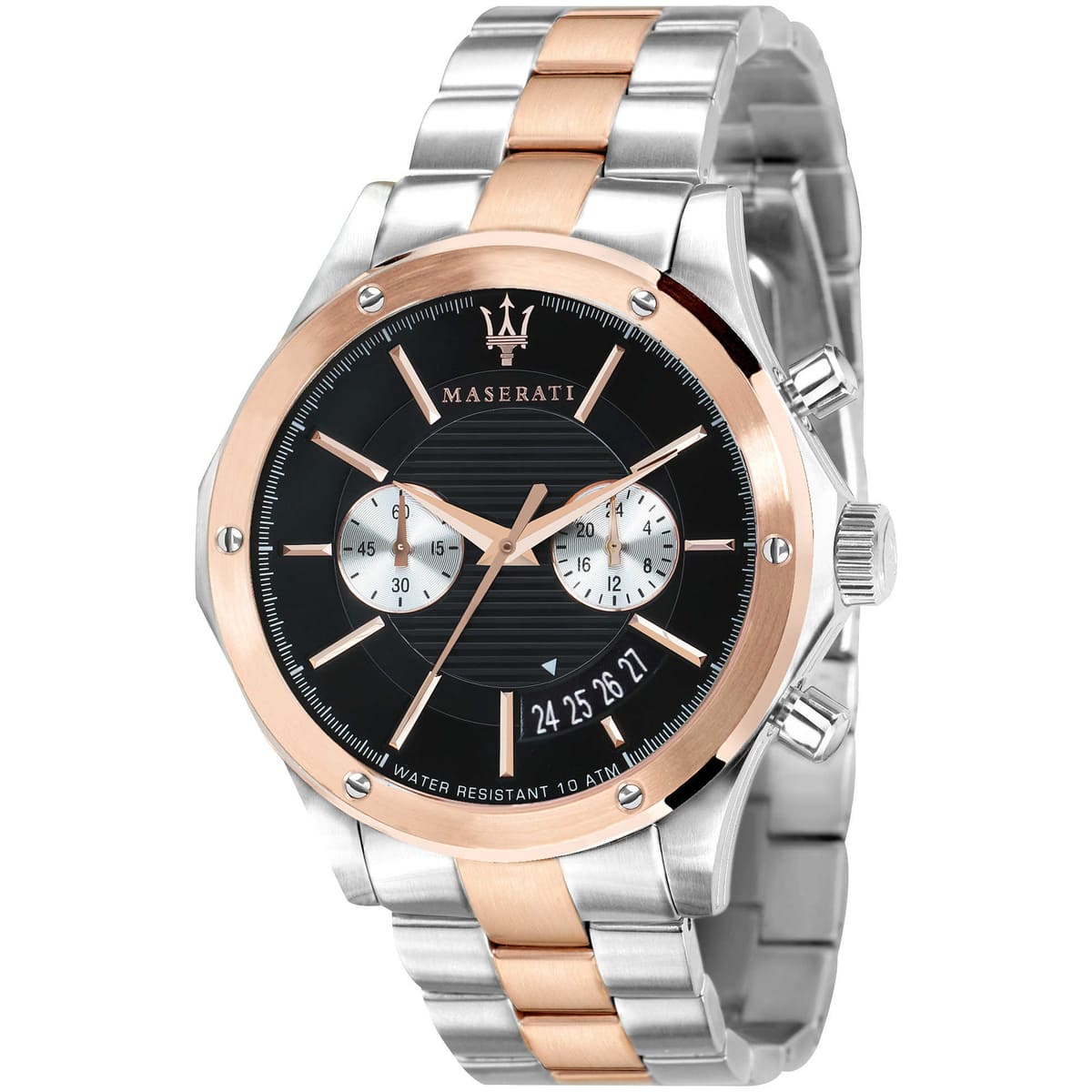 Maserati Circuito R8873627004 men's quartz battery watch with black racing dial, silver and rose gold-tone case, two-tone stainless steel bracelet main view