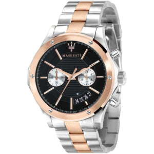 Maserati Circuito R8873627004 men's quartz battery watch with black racing dial, silver and rose gold-tone case, two-tone stainless steel bracelet main view