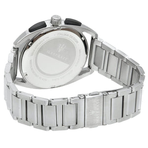 Caseback of Maserati Trimarano R8873632003 men's quartz battery watch showing technical specs 100m water resistance and metal bracelet