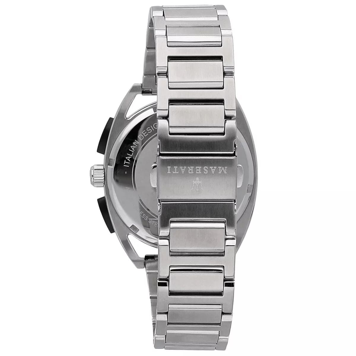 Silver-tone deployment clasp on Maserati Trimarano R8873632003 men's quartz battery metal bracelet watch