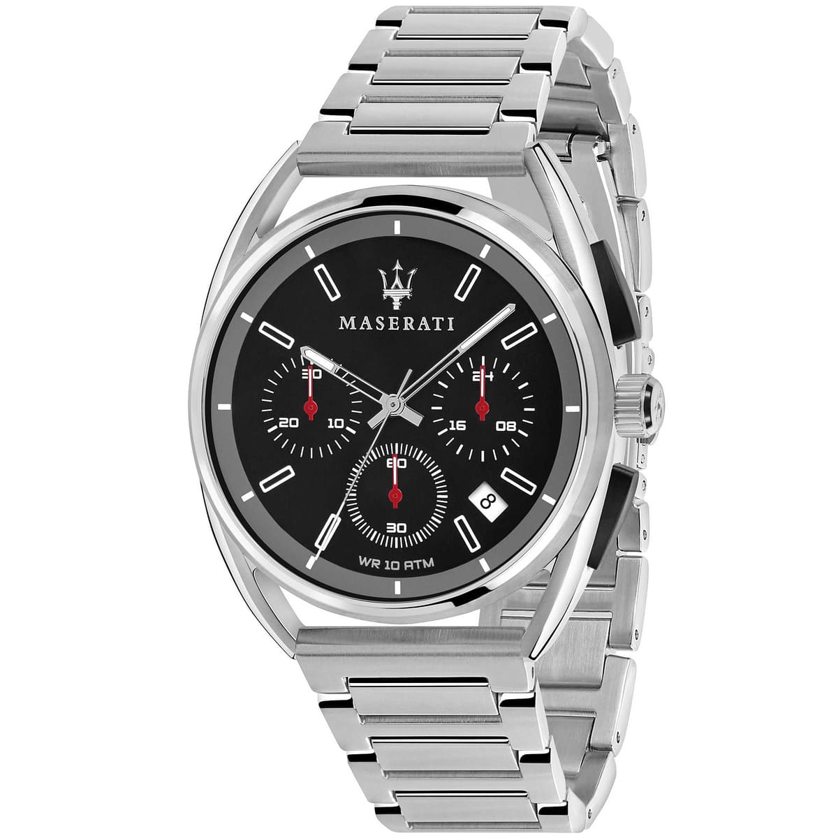 Maserati Trimarano R8873632003 men's quartz battery watch with black racing dial, silver-tone case, silver stainless steel bracelet main view