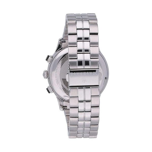 Caseback of Maserati Ricordo R8873633001 men's quartz battery watch showing technical specs 50m water resistance and metal bracelet
