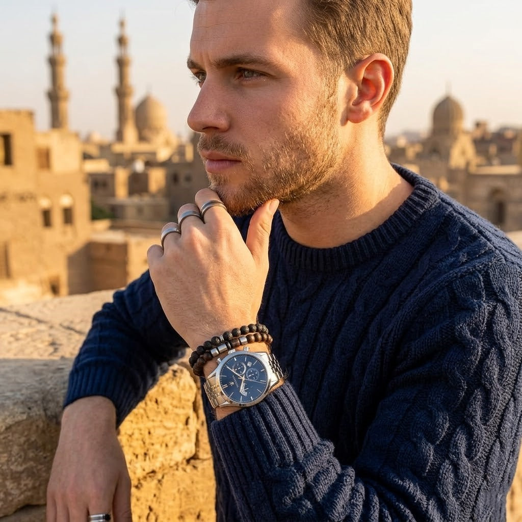 Elegant man wearing Maserati Ricordo R8873633001 men's quartz battery watch with silver-tone case and luxury blue dial