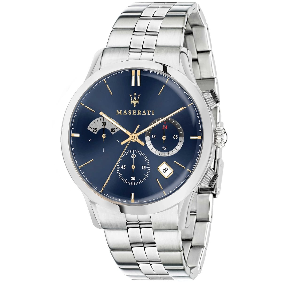 Maserati Ricordo R8873633001 men's quartz battery watch with navy blue sunray dial, silver-tone case, silver stainless steel bracelet main view