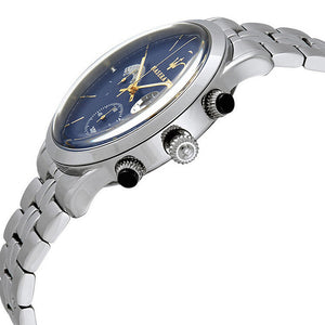 Left angled view of Maserati Ricordo R8873633001 men's quartz battery watch showing silver stainless steel bracelet and case profile