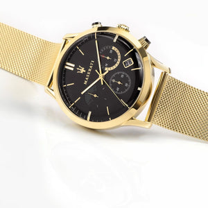 Left angled view of Maserati Ricordo R8873633003 men's quartz battery watch showing gold stainless steel mesh strap and case profile