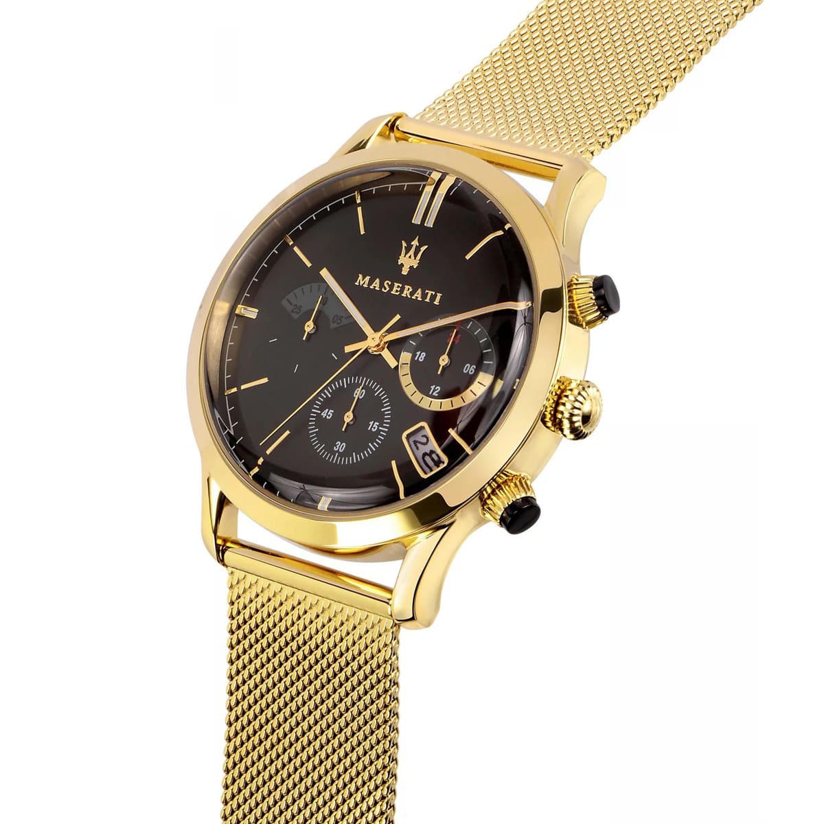 Right angled view of Maserati Ricordo R8873633003 men's quartz battery watch highlighting gold finish and black sunray dial details