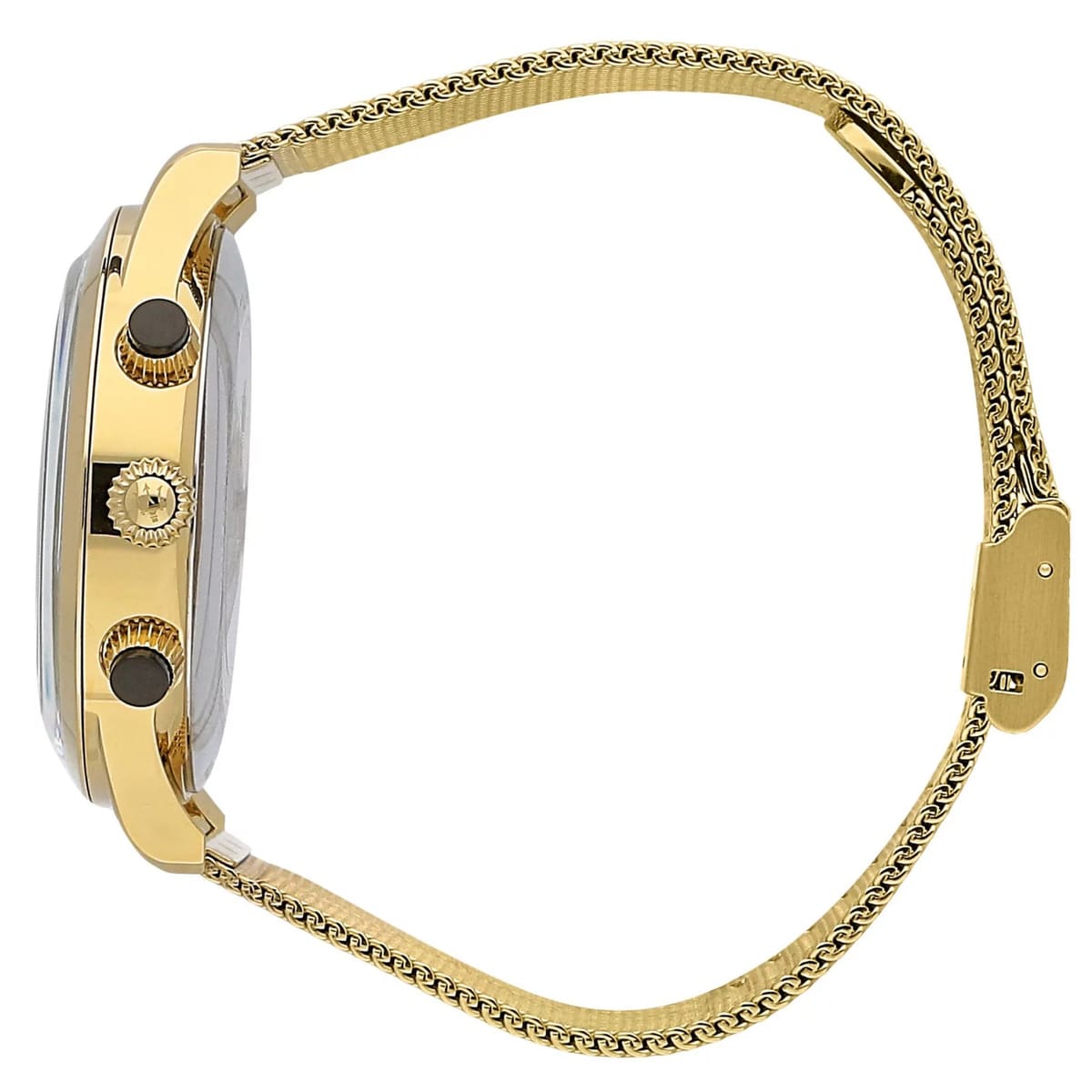Detailed view of gold-tone crown and pushers on Maserati Ricordo R8873633003 men's quartz battery watch with black dial
