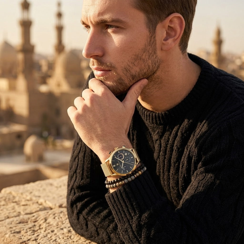 Elegant man wearing Maserati Ricordo R8873633003 men's quartz battery watch with gold case and luxury black dial