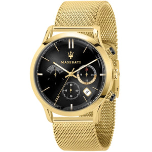 Maserati Ricordo R8873633003 men's quartz battery watch with black sunray dial, gold-tone case, gold stainless steel mesh strap main view