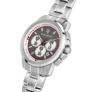 Right angled view of Maserati Royale R8873637003 men's quartz battery watch highlighting silver finish and red inner ring details