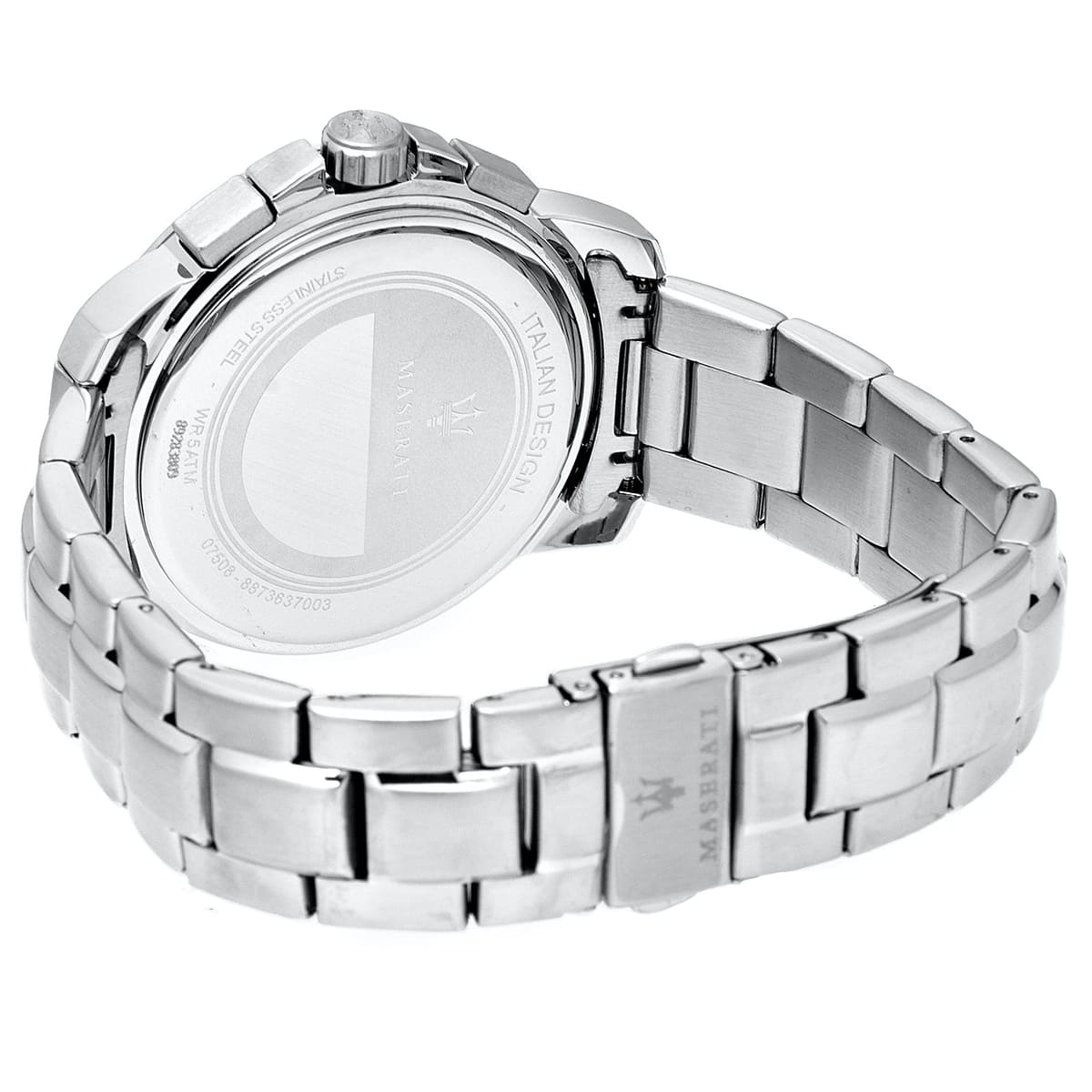 Caseback of Maserati Royale R8873637003 men's quartz battery watch showing technical specs 50m water resistance and metal bracelet