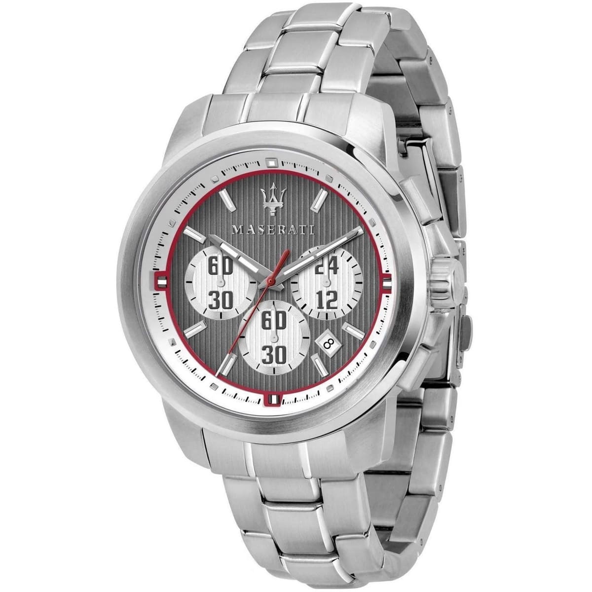 Maserati Royale R8873637003 men's quartz battery watch with gray vertical striped dial, red accents, silver-tone case and stainless steel bracelet main view