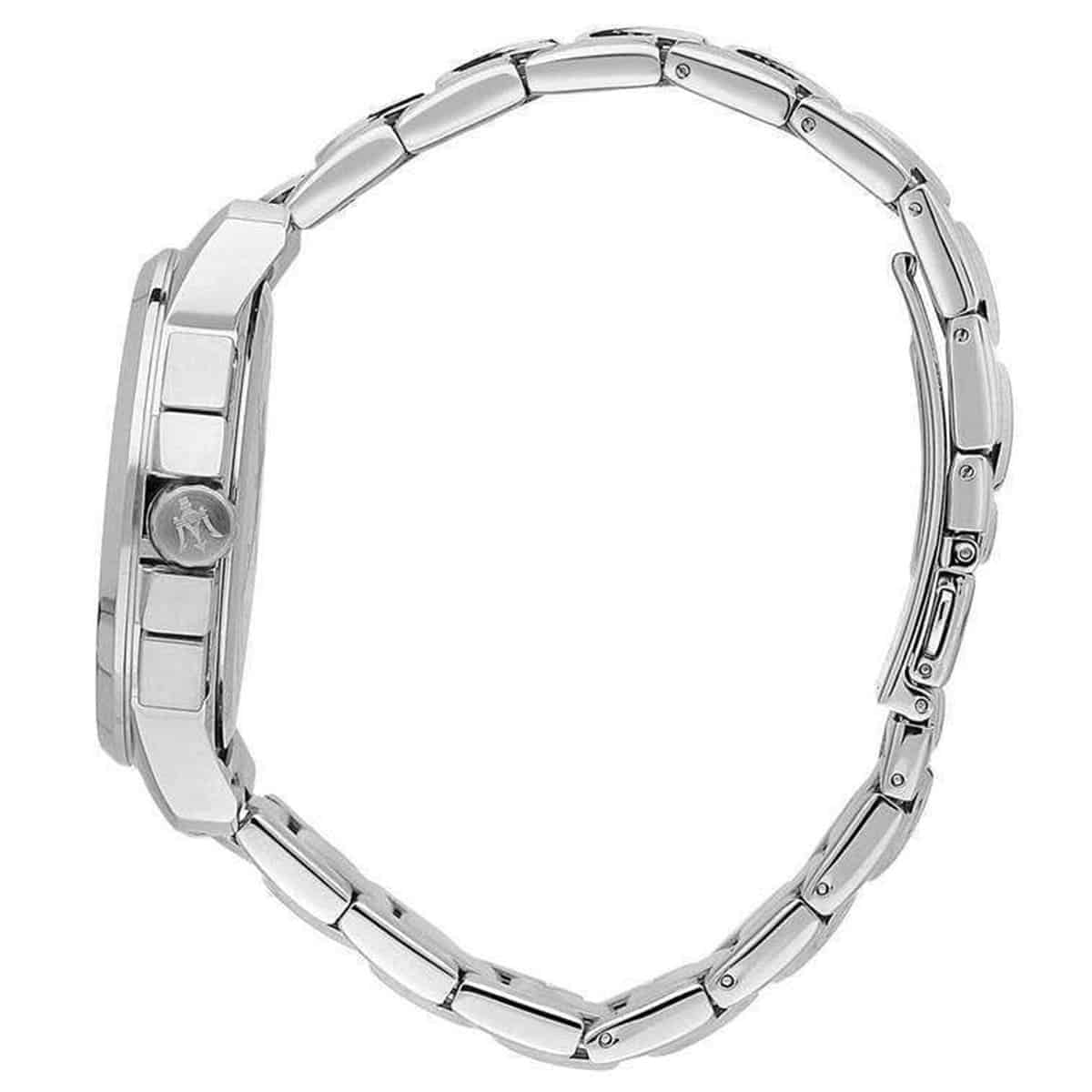 Side profile of Maserati Royale R8873637003 men's quartz battery watch showing 12mm thickness and silver finish