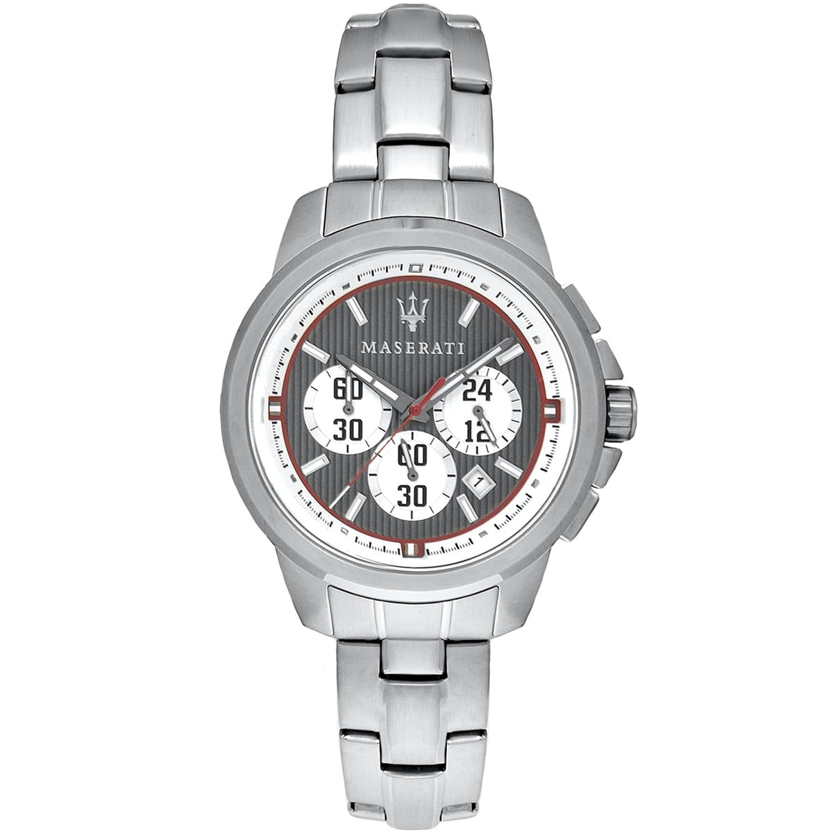 Silver Maserati watch with a white dial on a white background