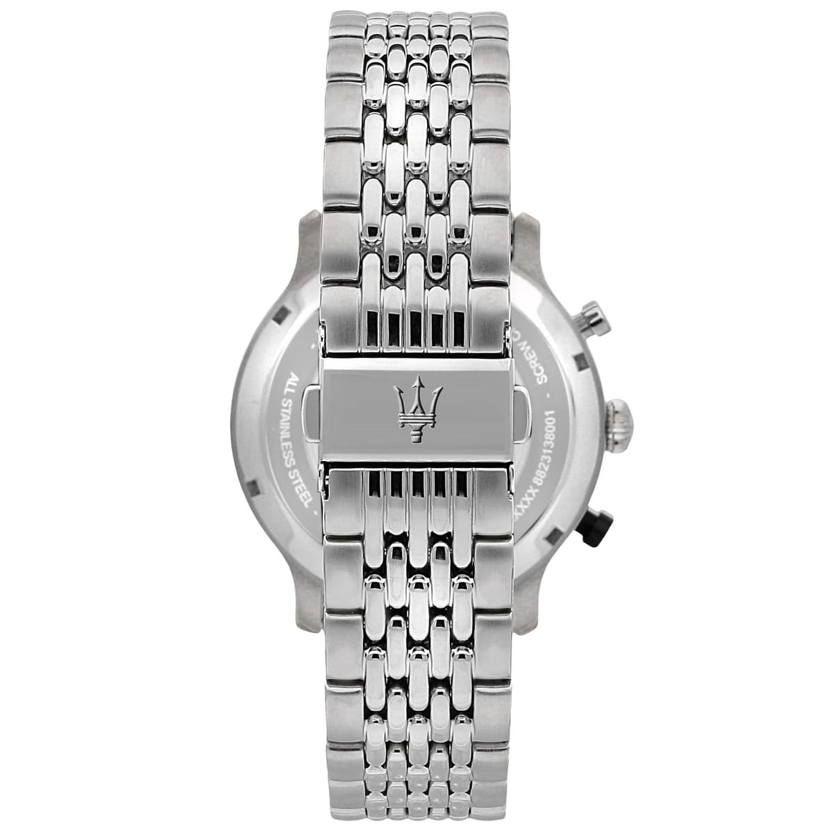 Silver-tone deployment clasp on Maserati Legend R8873638001 men's quartz battery metal bracelet watch