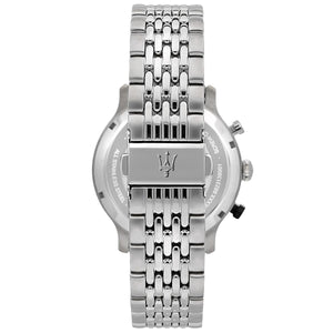 Silver-tone deployment clasp on Maserati Legend R8873638001 men's quartz battery metal bracelet watch