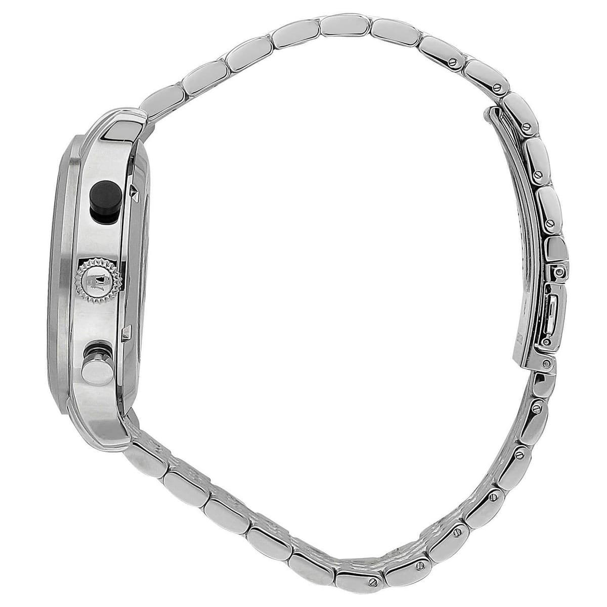 Detailed view of silver-tone crown and pushers on Maserati Legend R8873638001 men's quartz battery watch with black dial