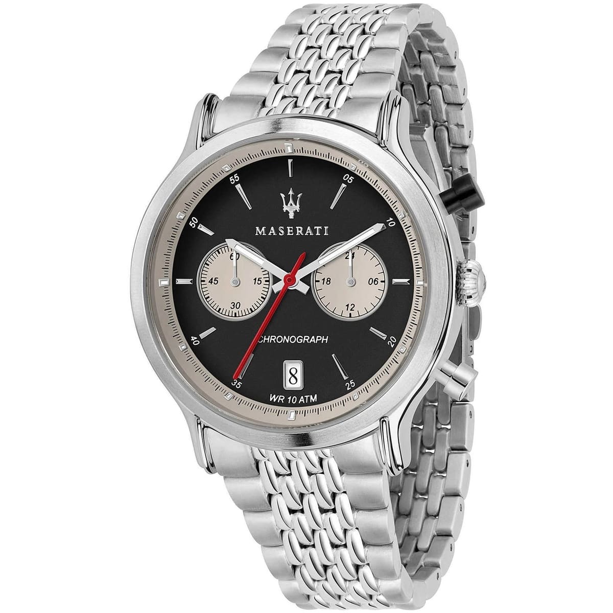 Maserati Legend R8873638001 men's quartz battery watch with black panda dial, silver sub-dials, silver-tone case, silver stainless steel bracelet main view