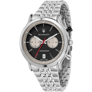 Maserati Legend R8873638001 men's quartz battery watch with black panda dial, silver sub-dials, silver-tone case, silver stainless steel bracelet main view