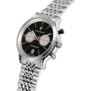 Side profile of Maserati Legend R8873638001 men's quartz battery watch showing 11mm thickness and silver finish