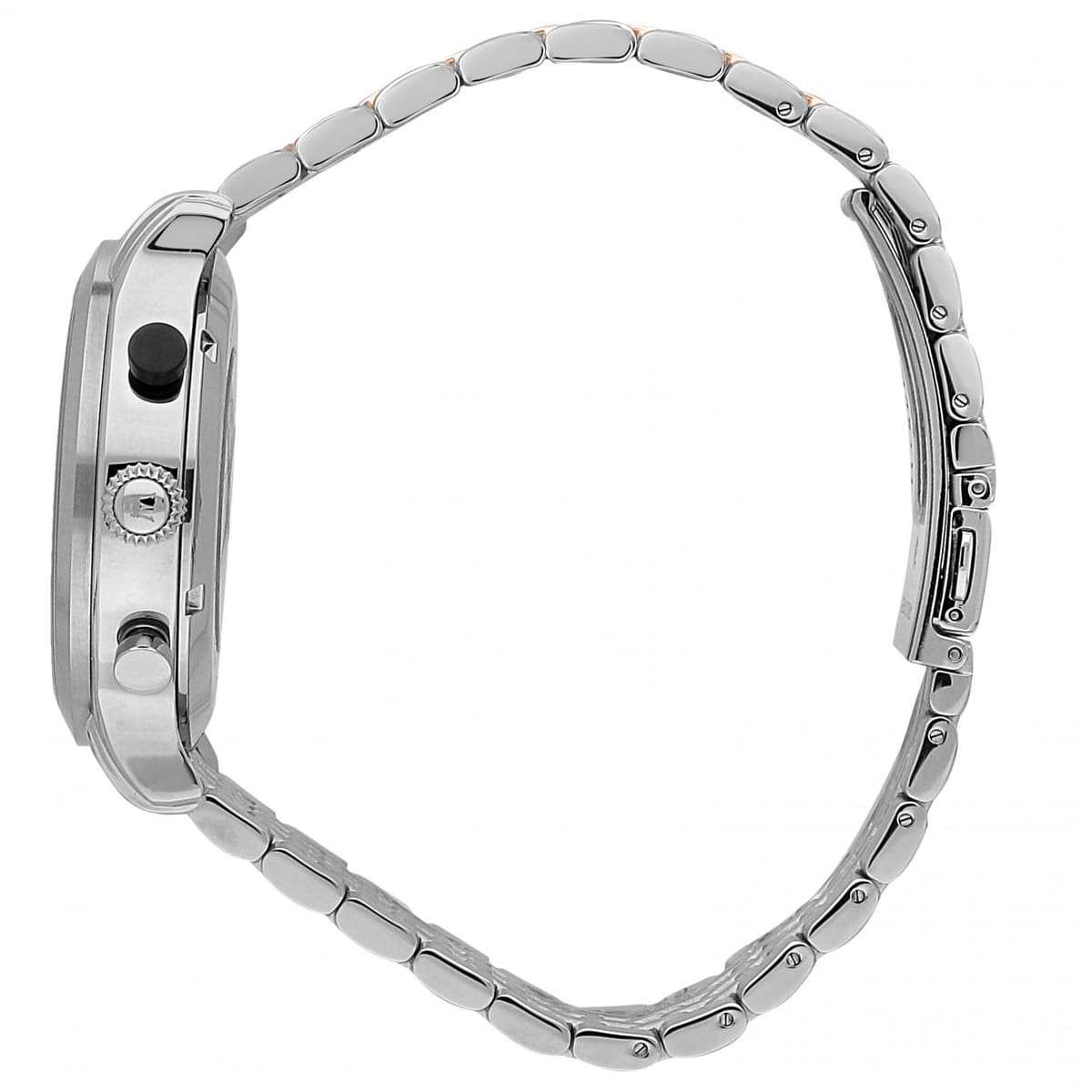 Left angled view of Maserati Legend R8873638002 men's quartz battery watch showing two-tone stainless steel bracelet and case profile