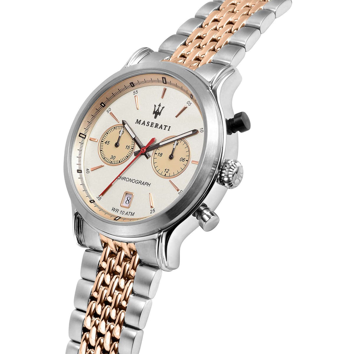 Right angled view of Maserati Legend R8873638002 men's quartz battery watch highlighting rose gold finish and red racing hand details