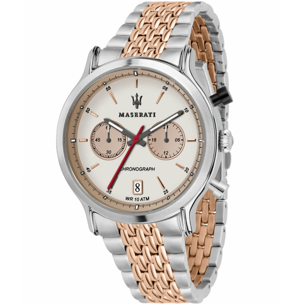 Maserati Legend R8873638002 men's quartz battery watch with white panda dial, rose gold sub-dials, silver and rose gold-tone case, two-tone stainless steel bracelet main view