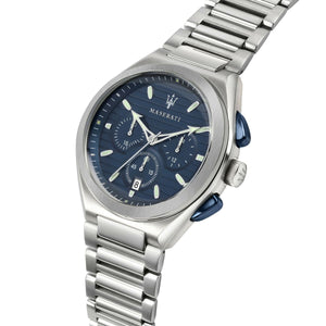 Right angled view of Maserati Triconic R8873639001 men's quartz battery watch highlighting blue pushers and integrated bracelet details