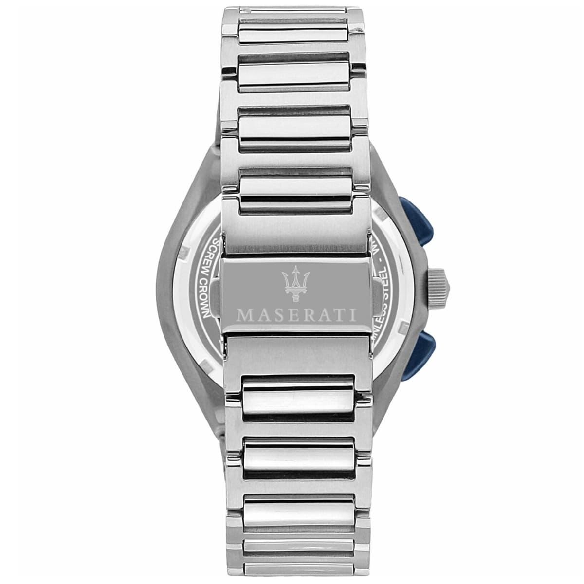 Caseback of Maserati Triconic R8873639001 men's quartz battery watch showing technical specs 100m water resistance and metal bracelet