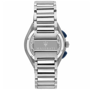 Caseback of Maserati Triconic R8873639001 men's quartz battery watch showing technical specs 100m water resistance and metal bracelet