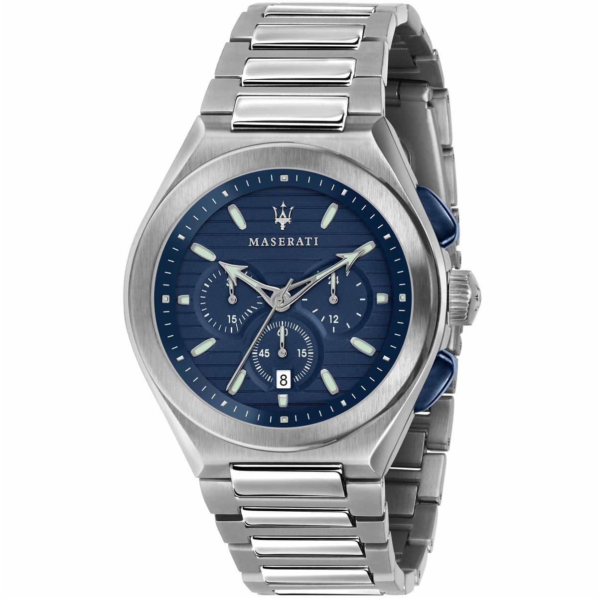 Maserati Triconic R8873639001 men's quartz battery watch with blue horizontal striped dial, silver-tone case, silver stainless steel bracelet main view