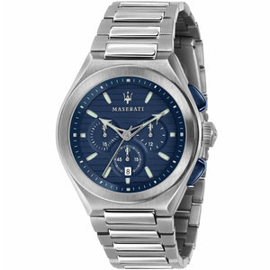 Maserati Triconic R8873639001 men's quartz battery watch with blue horizontal striped dial, silver-tone case, silver stainless steel bracelet main view