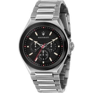 Right angled view of Maserati Triconic R8873639002 men's quartz battery watch highlighting silver finish and red racing details