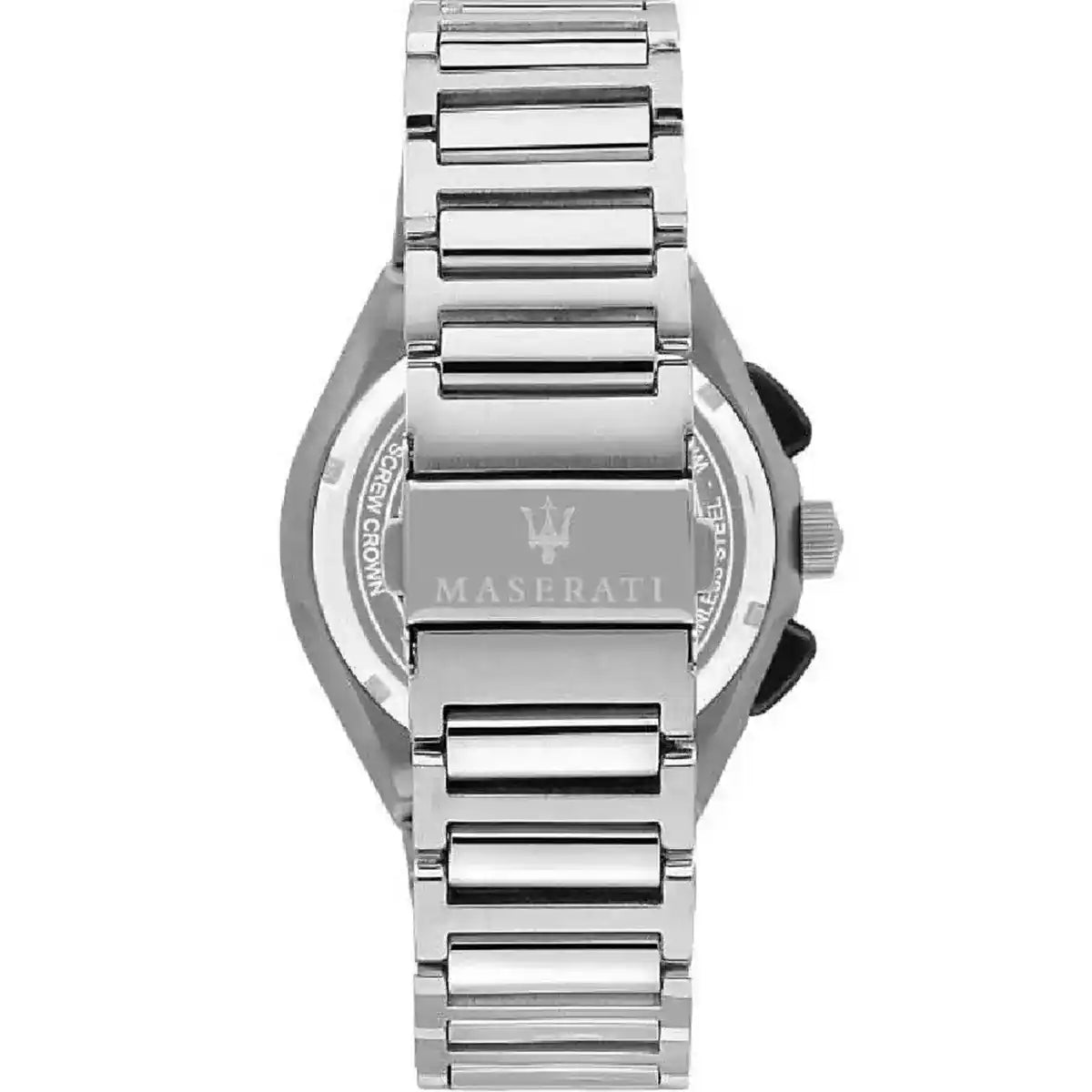 Caseback of Maserati Triconic R8873639002 men's quartz battery watch showing technical specs 100m water resistance and metal bracelet