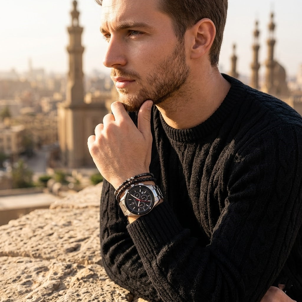 Elegant man wearing Maserati Triconic R8873639002 men's quartz battery watch with silver-tone case and racing style dial