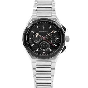 Maserati Triconic R8873639002 men's quartz battery watch with black racing dial, silver-tone case, silver stainless steel bracelet main view