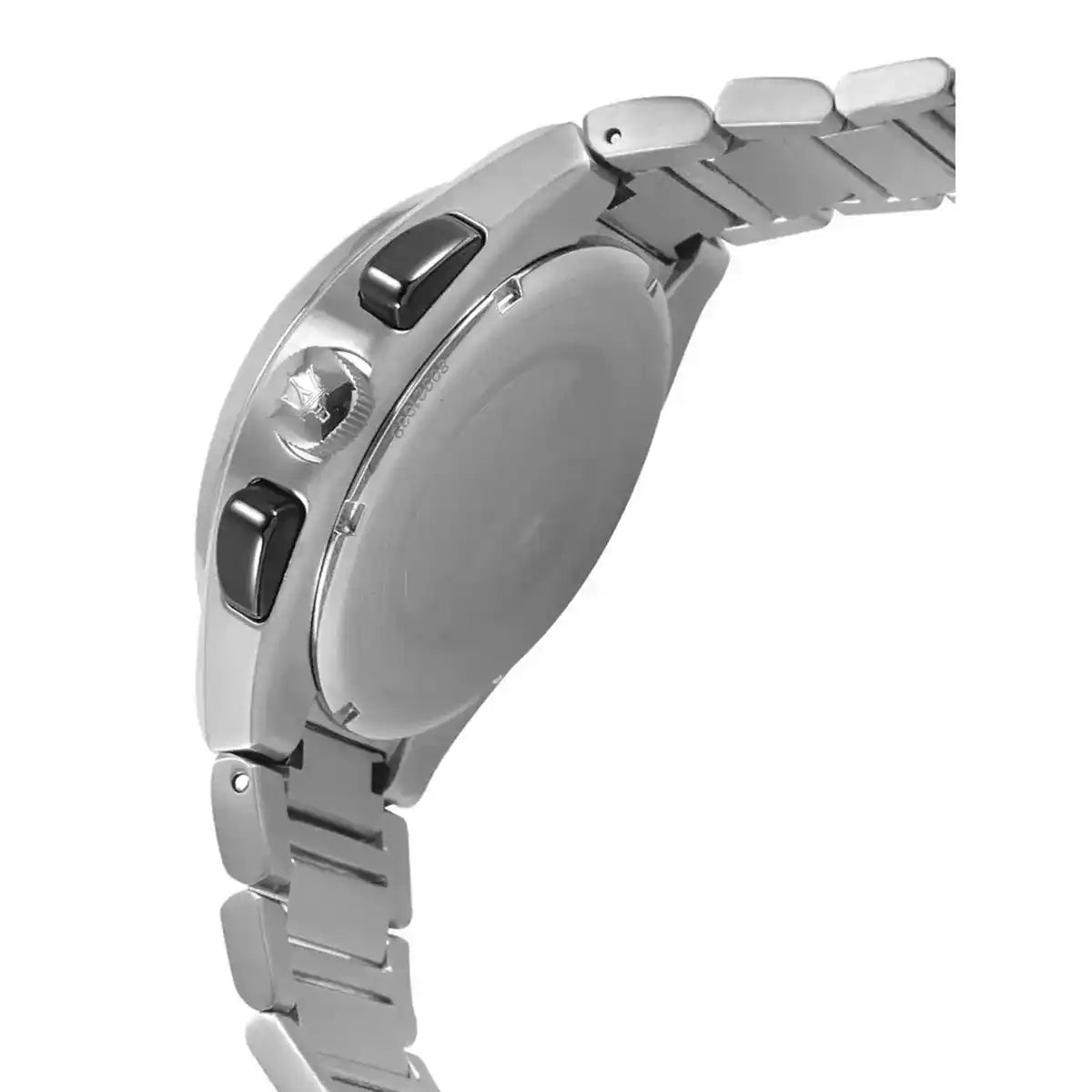 Side profile of Maserati Triconic R8873639002 men's quartz battery watch showing 12mm thickness and silver finish