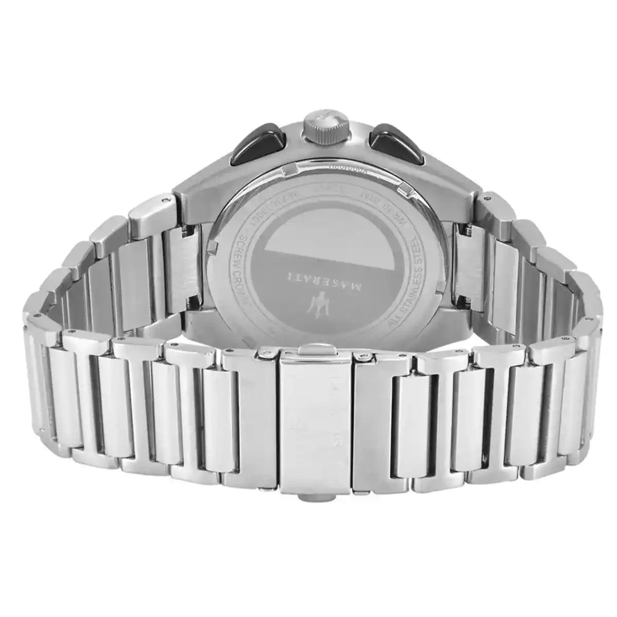 Caseback of Maserati Triconic R8873639002 men's quartz battery watch showing technical specs 100m water resistance and metal bracelet