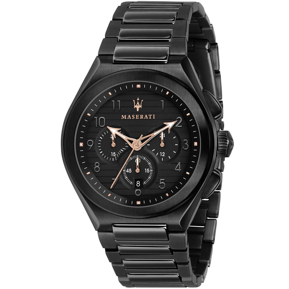 Maserati Triconic R8873639003 men's watch with full black PVD case, rose gold accents, and black link bracelet
